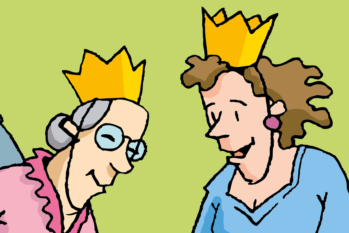 Zwei Personen mit Krone auf dem Kopf. Illustration zu Artikel 1 des Grundgesetzes: Die Würde des Menschen ist unantastbar