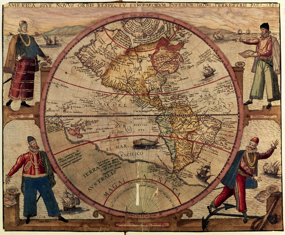 Kupferstich von Theodor de Bry zeigt Landkarte von Amerika von 1596 mit den Bildnissen von Kolumbus, Vespucci, Magellan und Pizarro