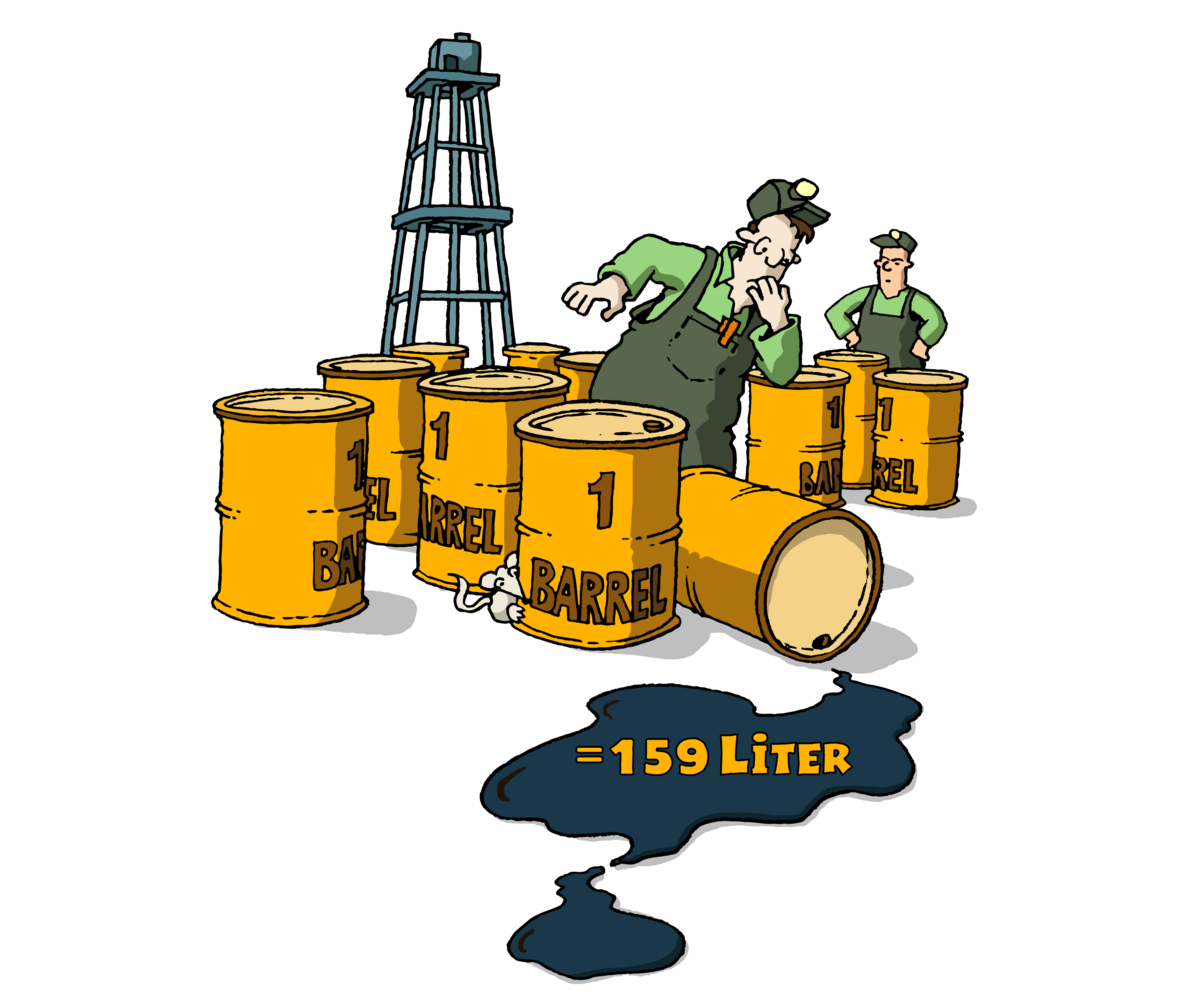Illustration: Ölfässer, eines umgekippt mit Barrel-Angabe.