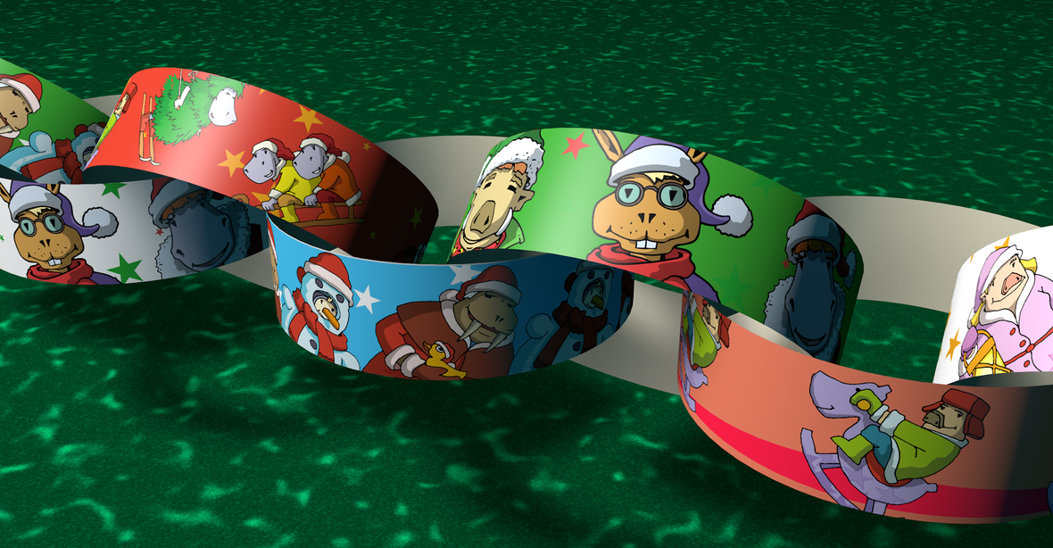 Girlande aus Papierschlaufen mit Weihnachtsmotiven