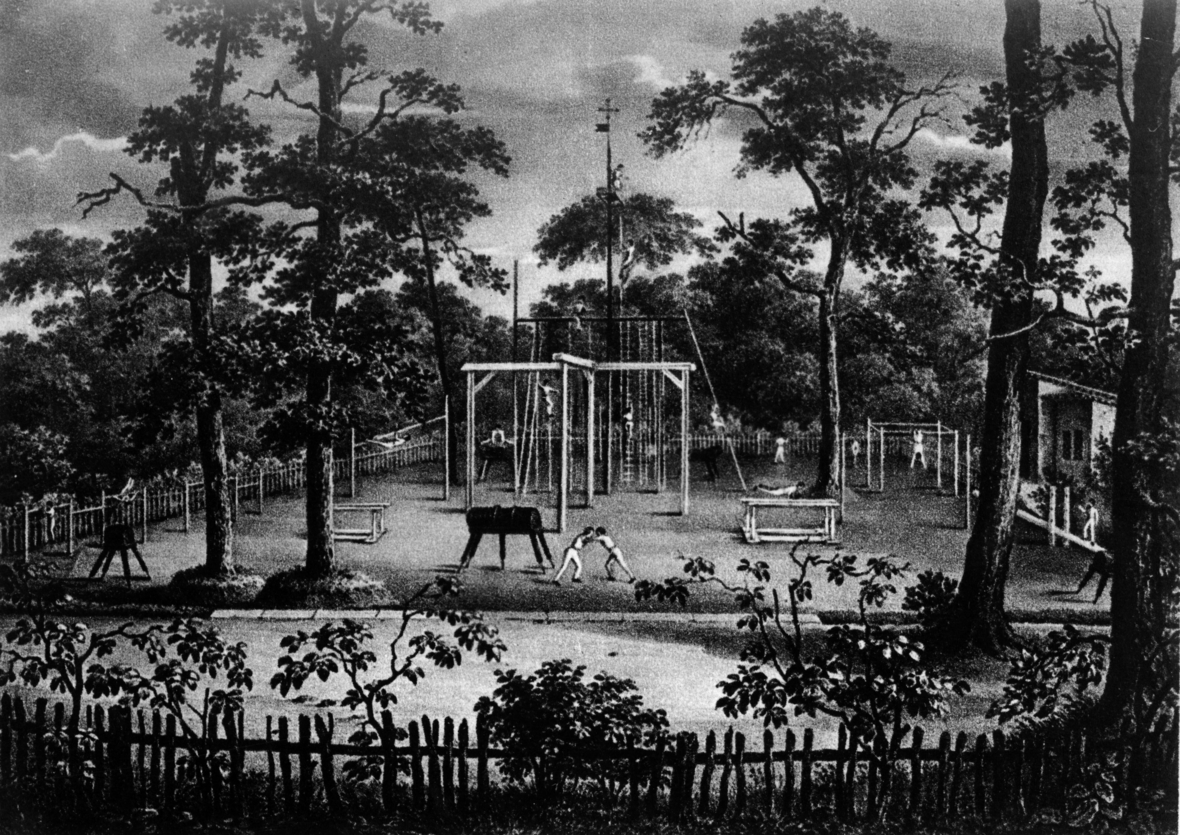 Stahlstich, um 1850 zeigt: Turnplatz mit Geräteturnen in der Hasenheide bei Berlin. Angelegt 1811 von Friedrich Ludwig Jahn, Begründer der deutschen Turnbewegung