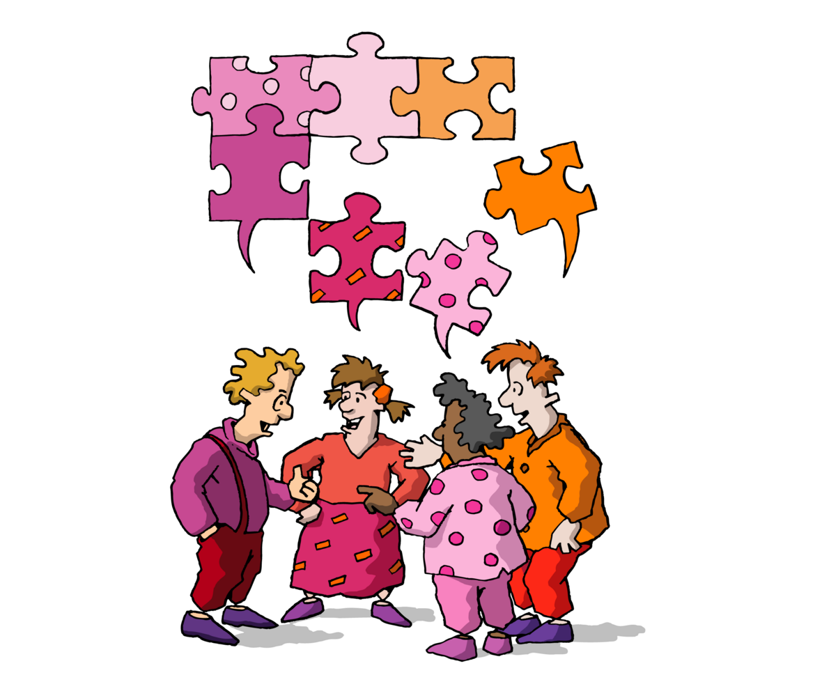 Illustration: Pluralismus. Man sieht viele bunte Puzzle-Teile.