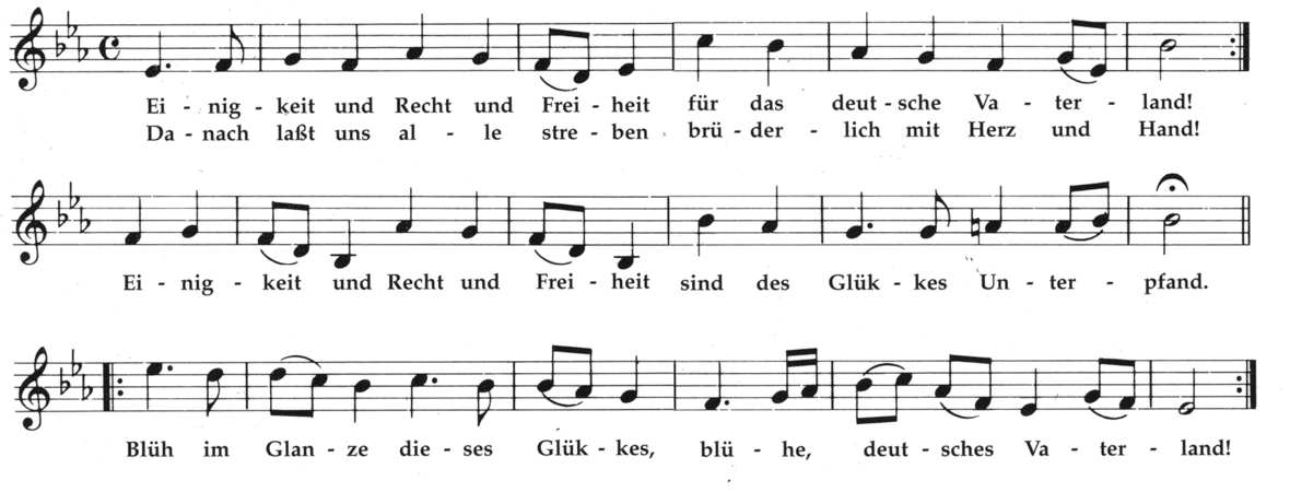 Das Bild zeigt Text und Noten der deutschen Nationalhymne.