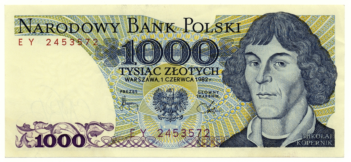 Zu sehen ist eine Banknote aus Polen aus dem Jahre 1982. Der Schein, der 1000 Zloty wert war, zeigt ein Porträt von Nikolaus Kopernikus,