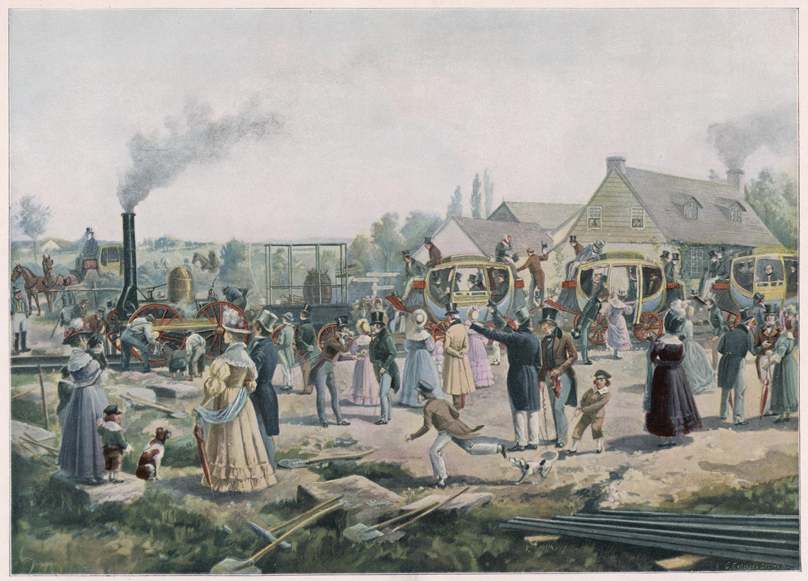 Gemälde über die Eröffnung der Zugstrecke Stockton - Darlington, 1825.