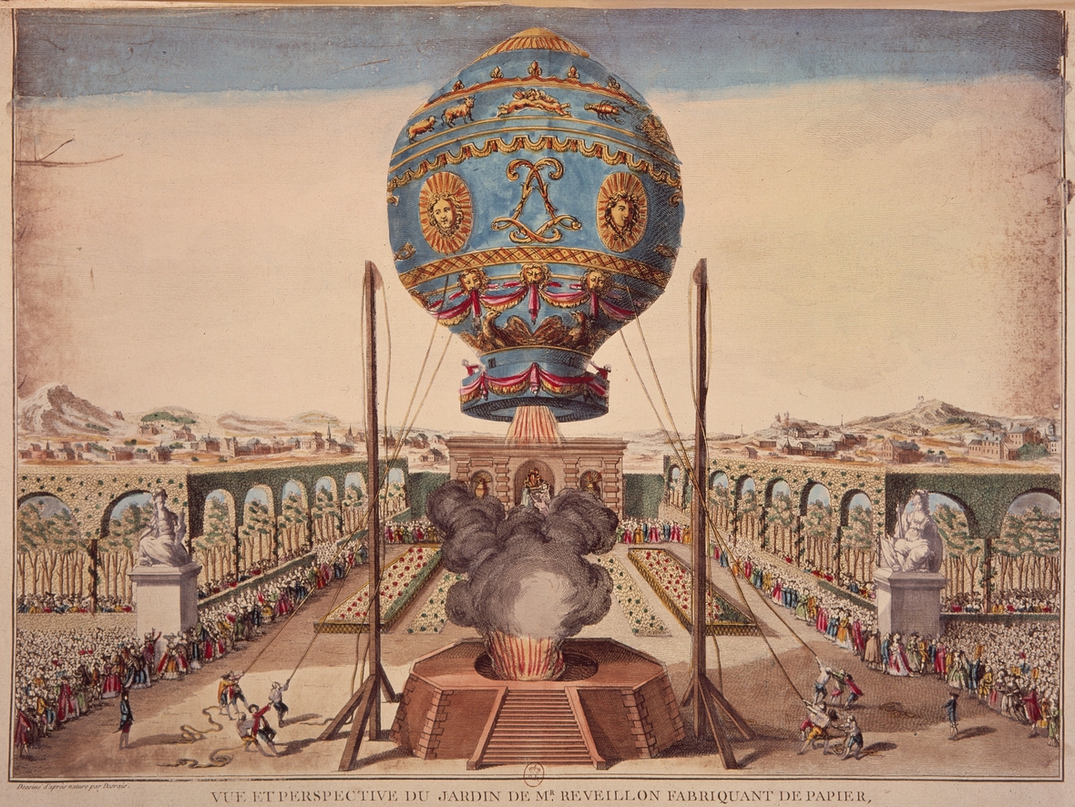 Darstellung des Aufstieges eines Heißluftballons der Brüder Montgolfier