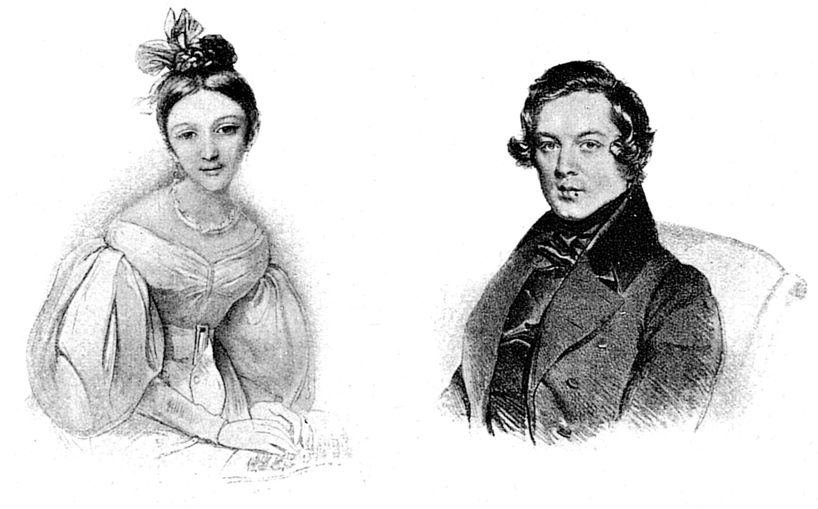 Die Abbildung zeigt zwei Porträts. Das der deutschen Pianistin und Komponistin Clara Schumann und das ihres Ehemanns, des deutschen Komponisten Robert Schumann. Die Porträts stammen aus der Jugendzeit der Musiker.