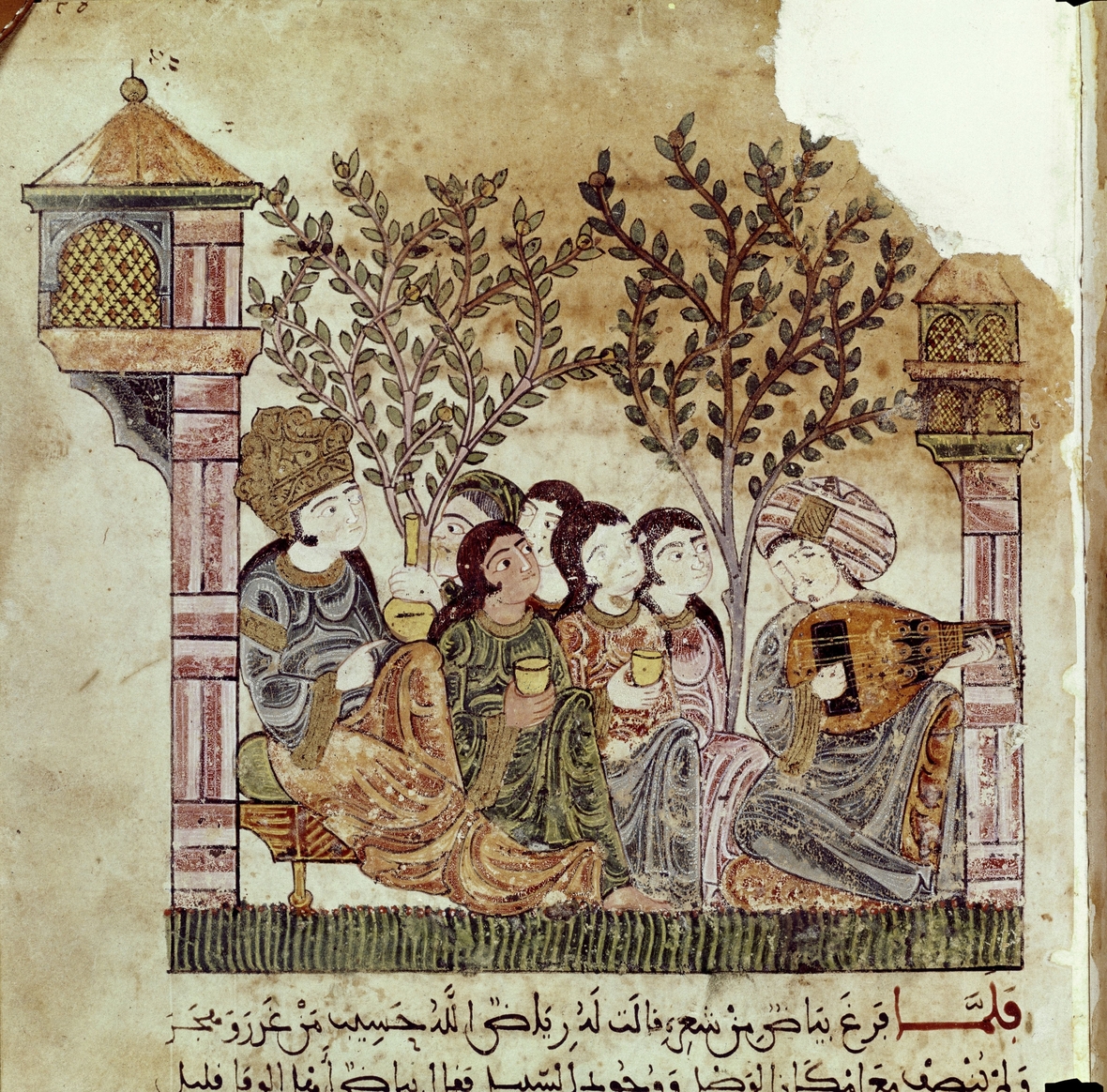 Bildliche Darstellung zu einer Hadith-Erzählung. Der Titel lautet: "Bayad singt zur Laute".