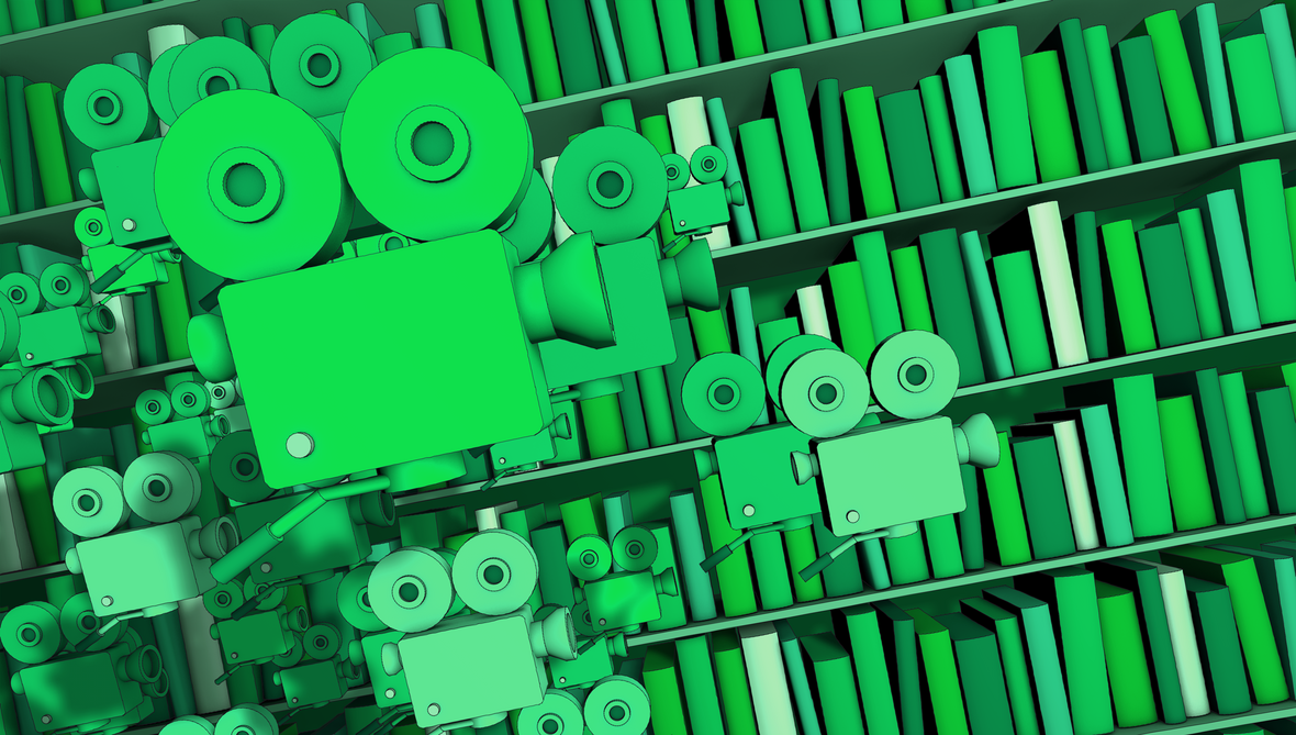 graphische Darstellung mehrerer Filmkameras vor einem Bücherregal