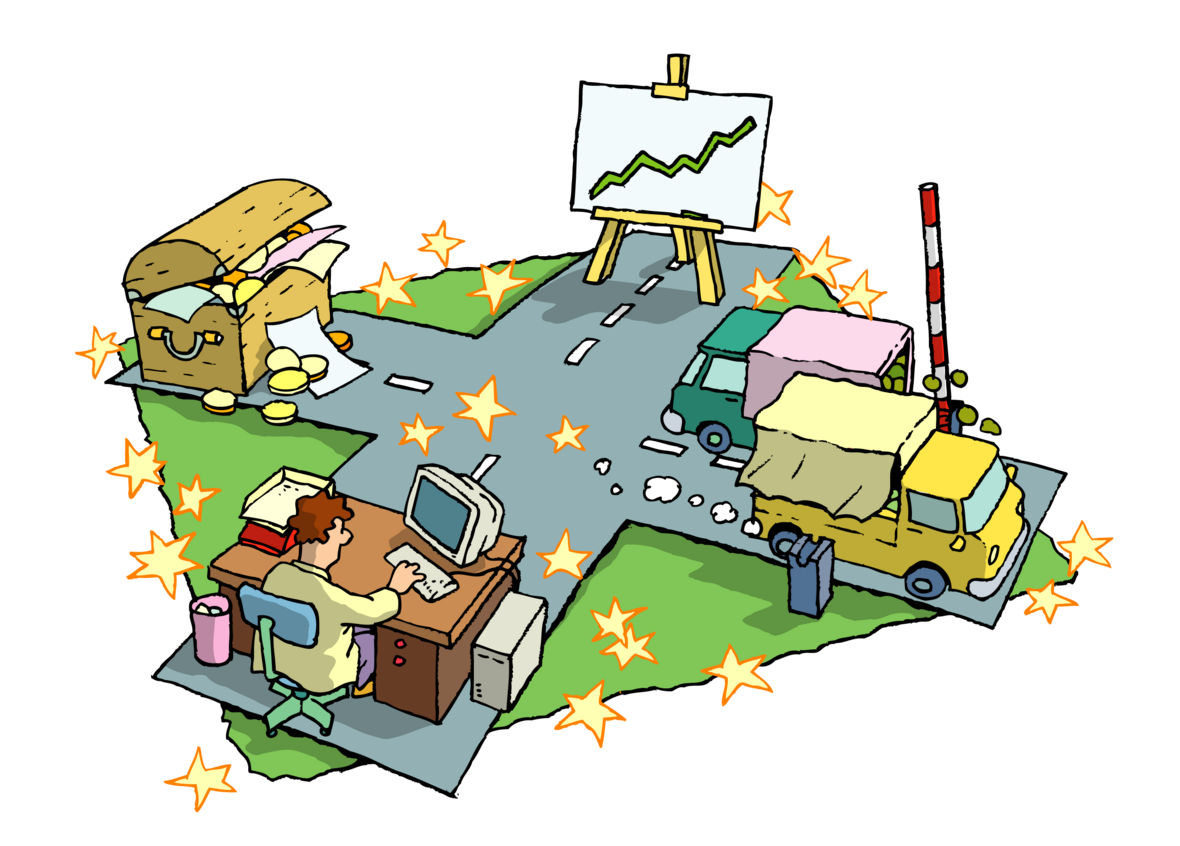 In der Illustration sieht man ein Viereck mit einer Aufschwungkurve, zwei Lastwaren, die in unterschiedliche Richtungen fahren, eine Person am Schreibtisch und eine Truhe mit Geld.