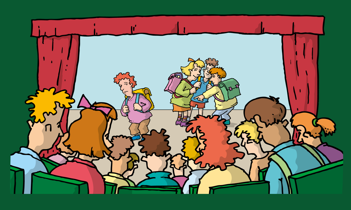 Illustration zeigt eine Theaterbühne mit Darstellern und Zuschauern. Fast wie im Theater gibt es beim Mobbing wenige Darsteller mit festen Rollen und viele Zuschauer.