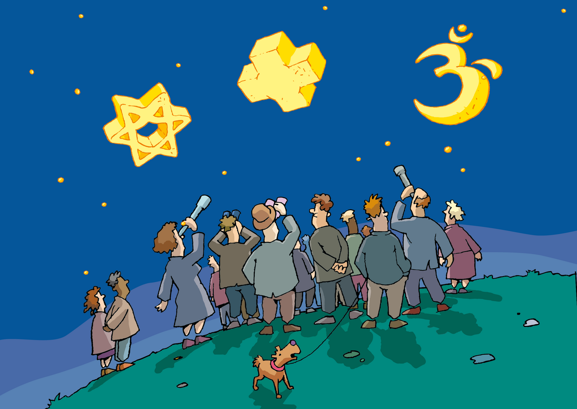 Figuren schauen auf religiöse Symbole im Nachthimmel. IIllustration zu Artikel 4 des Grundgesetzes: Religionsfreiheit 