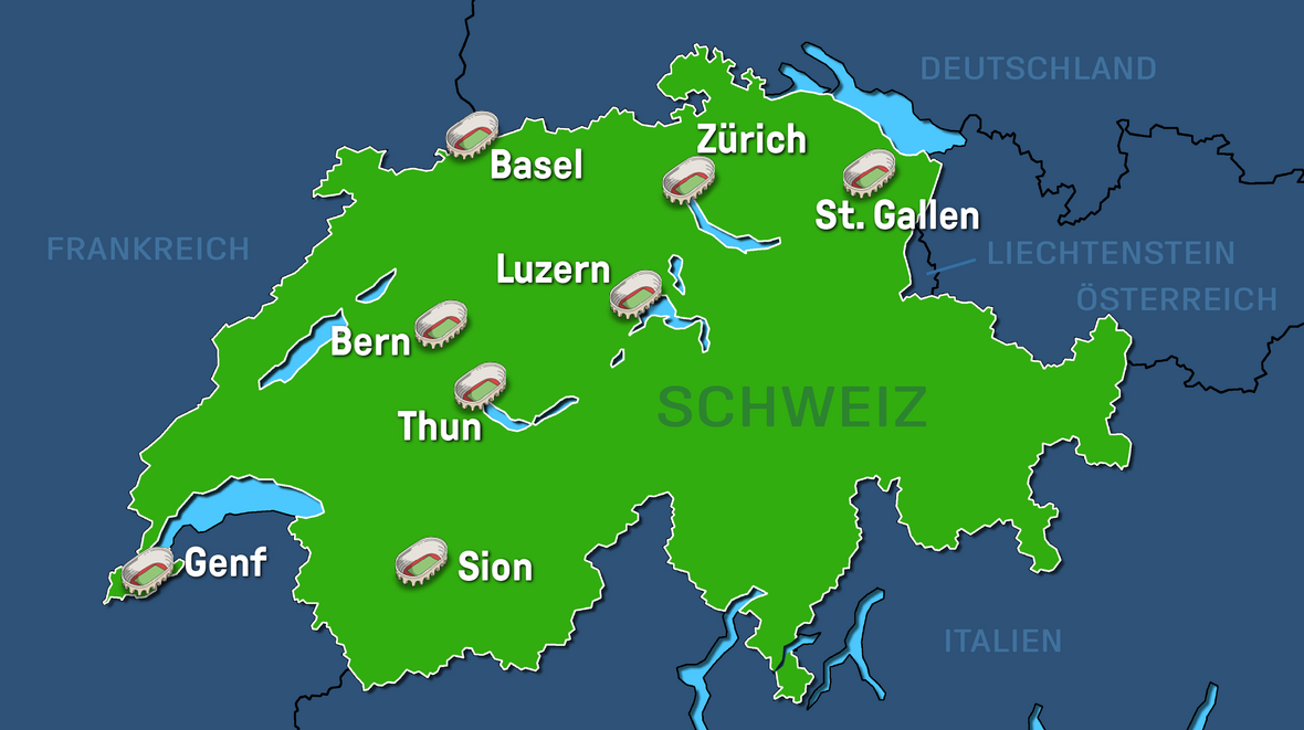 In diesen Städten der Schweiz finden die Spiele der EURO 2025 statt: Basel, Bern, Genf, Luzern, Sion, St. Gallen, Thun, Zürich. Auf der Karte sind bei den Städten Signets zur Kennzeichnung der Stadien aufgeführt.