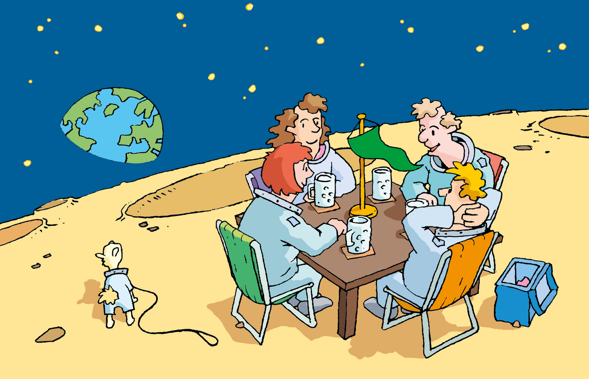 Gruppe auf einem Planeten, im Hintergrund erkennt man die Erde. Illustration zu Artikel 8 des Grundgesetzes: Versammlungsfreiheit 