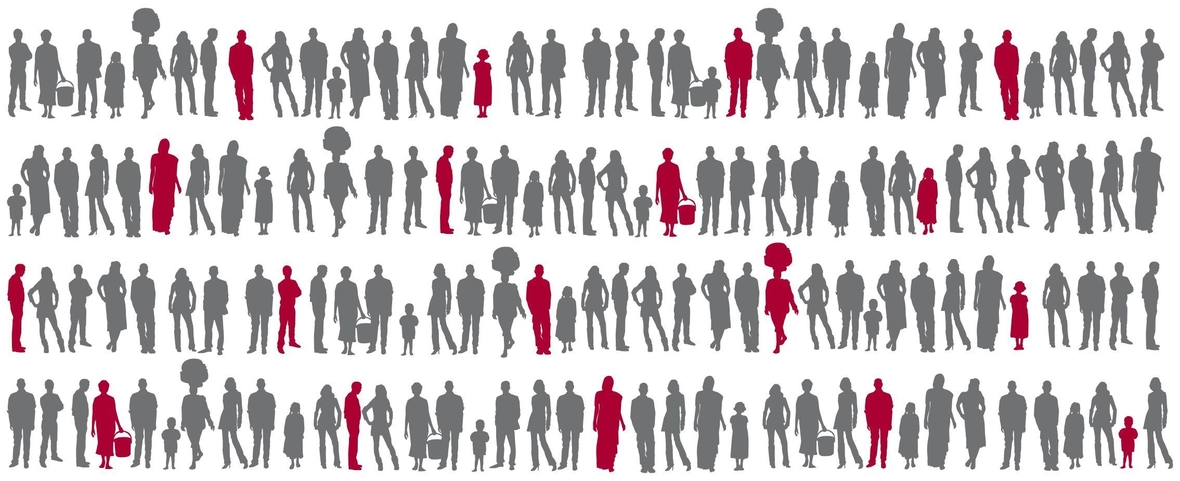 Eine Grafik der Welthungerhilfe e.V. veranschaulicht, wie viele Menschen von Hunger bedroht sind. Aktuell muss immer noch jeder achte Mensch auf der Welt hungern.