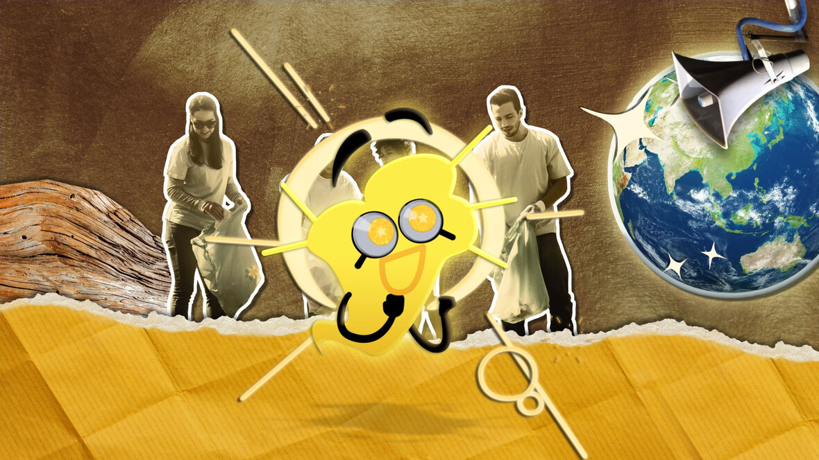 Illustration eines gelben Sonnensymbols im Zentrum, umgeben von zwei Personen beim Müllsammeln und einer Erdkugel mit Megafon.