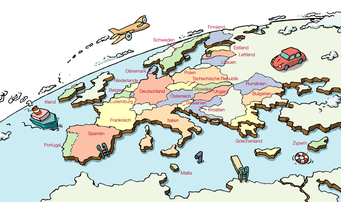 Die Illustration zeigt die europäischen Staaten, die zur EU gehören, auf einem Atlasausschnitt bunt eingefärbt. 