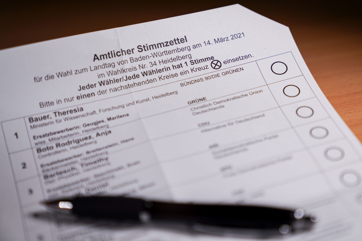 Symbolbild: Stimmzettel für die Landtagswahl in Baden-Württemberg am 14. März 2021