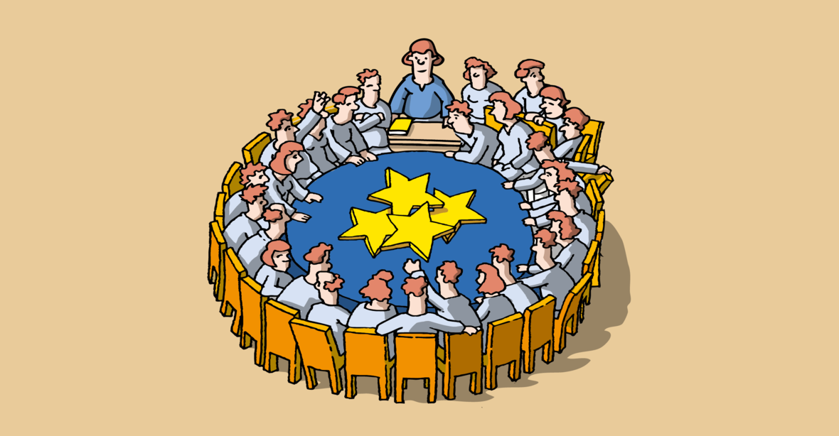 Zeichnung mit 28 Personen um einen runden Tisch, auf dem Europa-Sterne liegen.