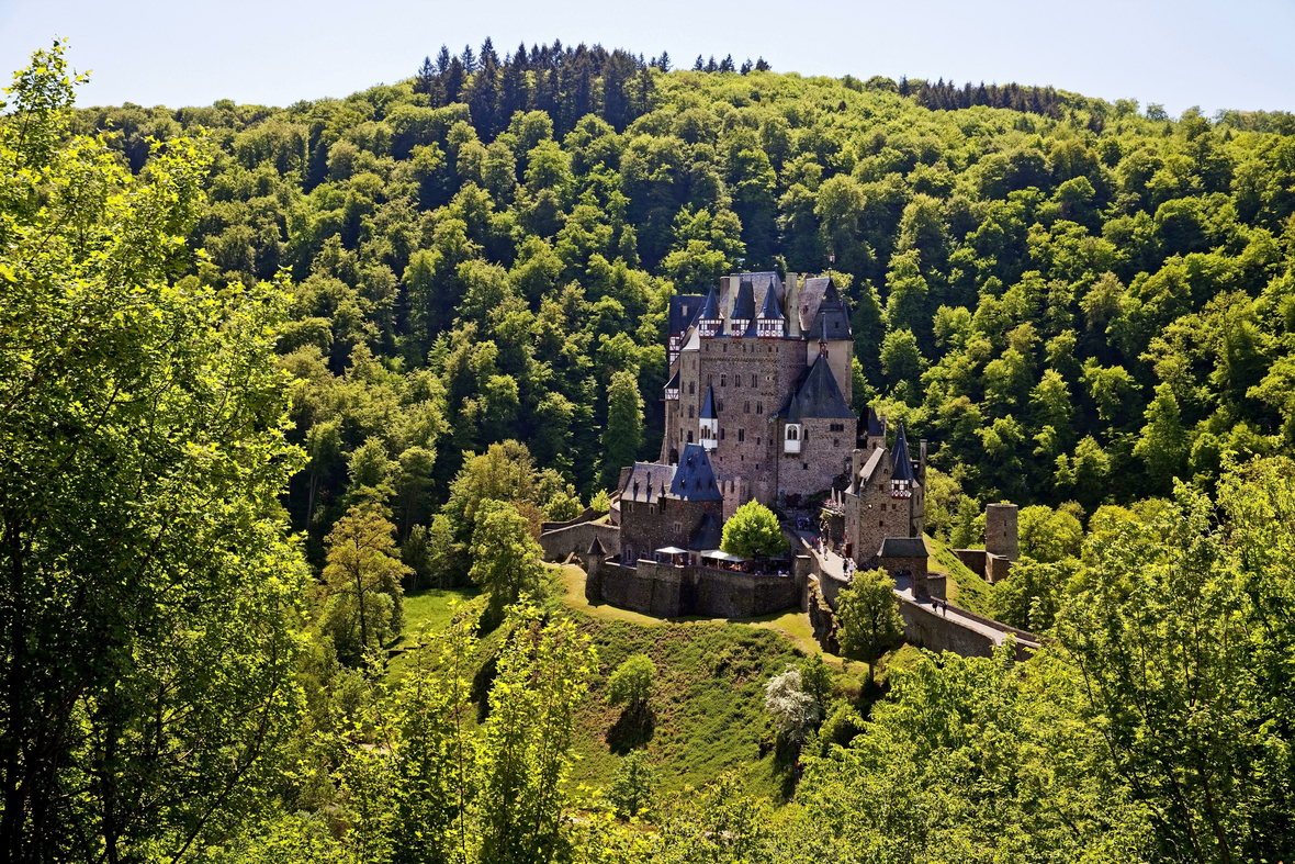 Die malerische Burg Eltz in Rheinland-Pfalz inmitten eines saftig grünen Waldes.
