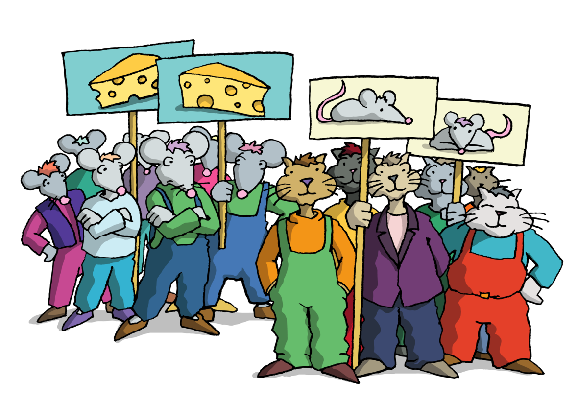 Illustration: Interessenverbände. Man sieht Mäuse, die Plakate tragen, auf denen Käse zu sehen ist und Katzen mit Plakaten, die Mäuse zeigen.