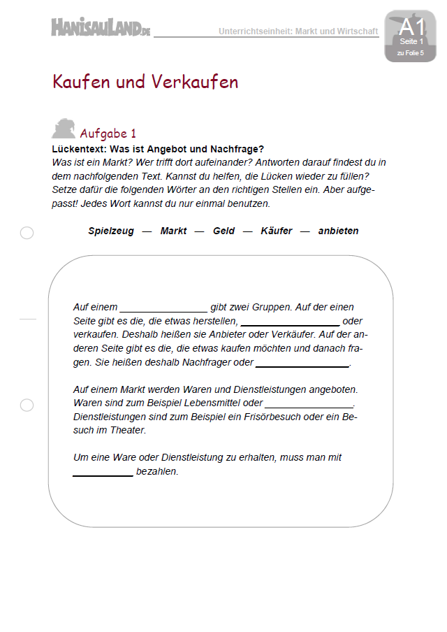 Beispiel Arbeitsblatt zum Thema Markt und Wirtschaft