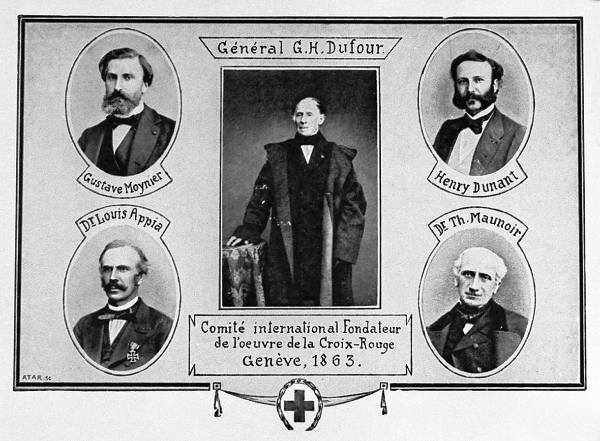 Die Illustration zeigt die Gründer des Internationalen Komitees der Hilfsgesellschaften für die Verwundetenpflege: Gustave Moynier, Henry Dunant, Louis Appia,Théodore Maunoir und General Guillaume Henri Dufour, Daraus entstand 1878 das Internationale Komitee vom Roten Kreuz (IKRK). 