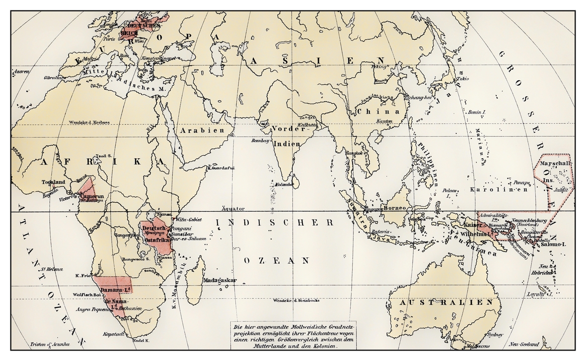 Auf der Weltkarte werden die Kolonien des Deutschen Reichs im 19. Jahrhundert gezeigt. Es handelt sich um eine Zeichnung. 