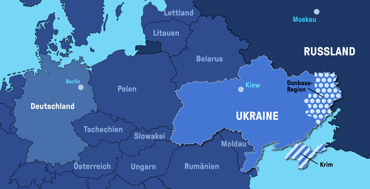 Eine Karte mit der Ukraine und den Nachbarländern.
Die Halbinsel Krim gehört zur Ukraine. Mit Unterstützung der russischen Bevölkerungsmehrheit auf der Krim hat Russland 2014 die Halbinsel zu einem Teil Russlands gemacht. Auch in der Donbass-Region leben viele Menschen mit russischen Wurzeln. Sogenannte Separatisten versuchen mit Gewalt, die Loslösung dieses Teils von der Ukraine zu erzwingen. Im Februar 2022 hat Russland die Gebiete Luhansk und Donezk der Donbass-Region als eigenständige Staaten anerkannt.
