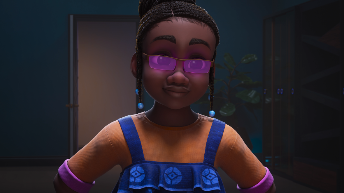 Ein animiertes Mädchen mit geflochtenen Zöpfen. Sie trägt eine Brille mit lilafarbenen Gläsern