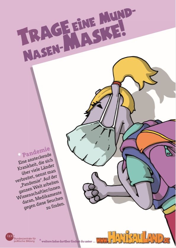 HanisauLand-Plakat mit Regeln zum Coronavirus: Trage eine Mund-Nasen-Maske