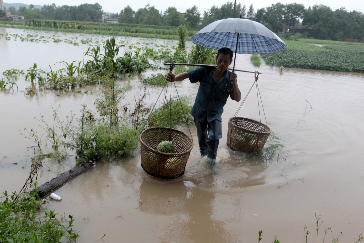 Ein Bauer in Chizhou, China, watet mit seiner Melonenernte durch überschwemmte Felder.