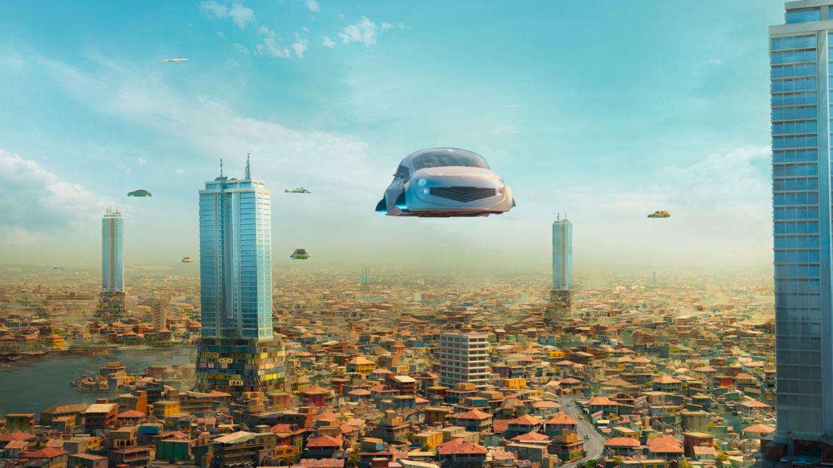 Eine große Stadt mit aus einigen modernen Hochhäusern und unten dicht bebauten Wohngebieten. Mehrere schwebende Fahrzeuge bewegen sich zwischen den Gebäuden.