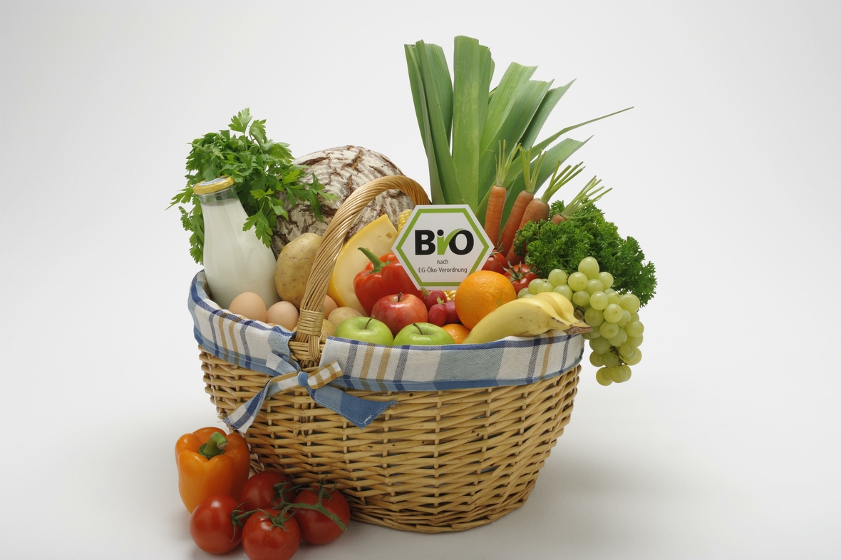 Einkaufskorb mit Gemüse, Obst, Brot, Käse und Milch. Das Bio-Siegel zeigt, dass es sich um ökologisch angebaute Lebensmittel handelt.
