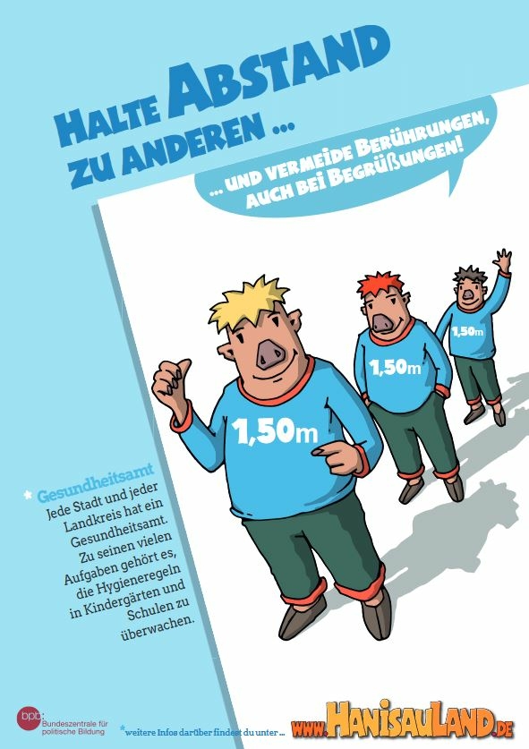 HanisauLand-Plakat mit Regeln zum Coronavirus: Halte Abstand zu anderen