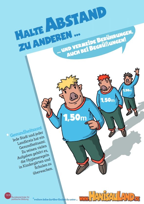 HanisauLand-Plakat mit Regeln zum Coronavirus: Halte Abstand zu anderen