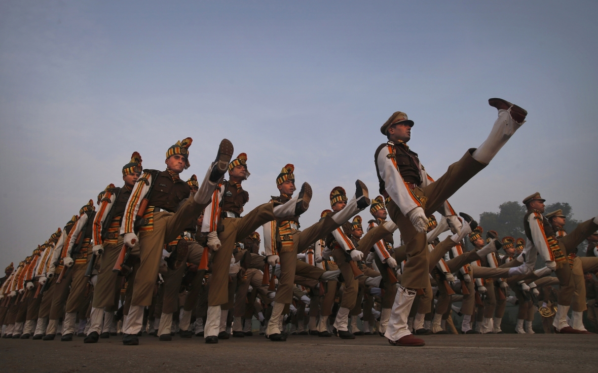 2014: Indische Soldaten üben für die Militärparade zum "Tag der Republik"