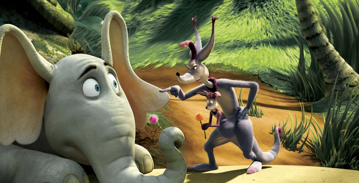 Szenenbild: Das Känguru, rechts im Bild, steht vor dem Elefanten Horton, links im Bild, und spricht zu ihm