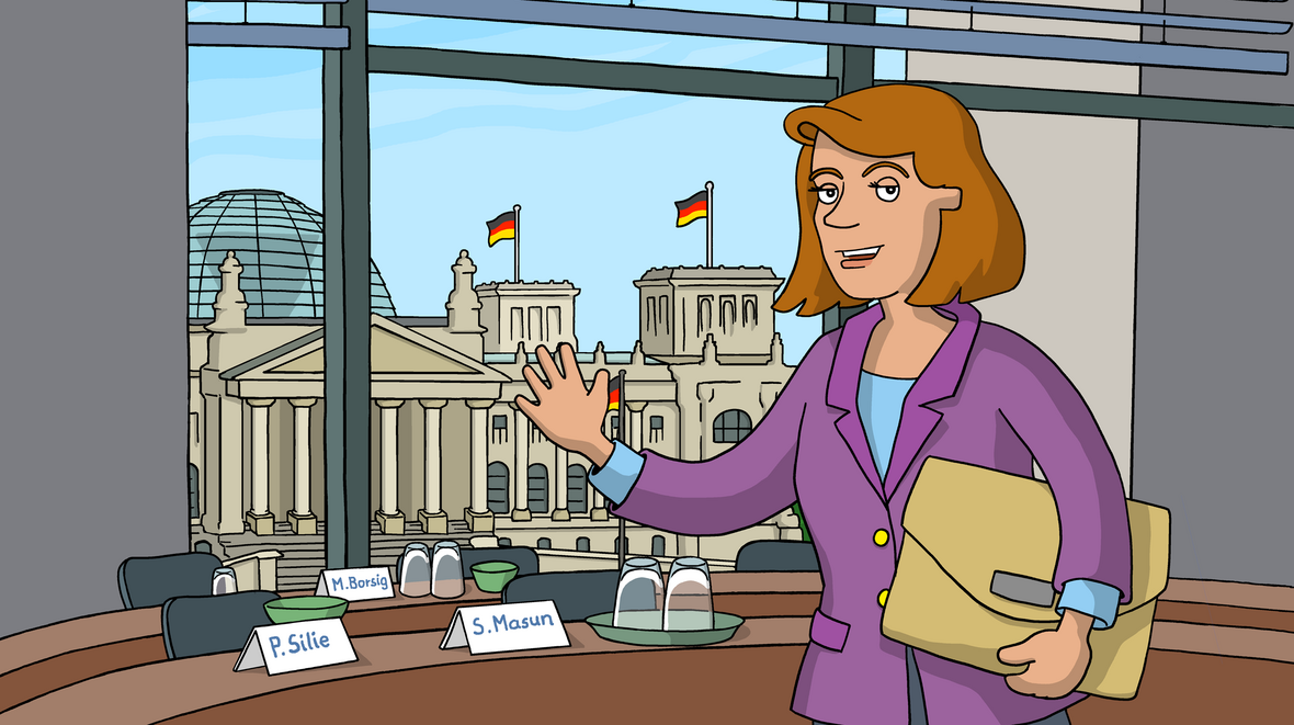 Illustration einer Abgeordneten in einem Büro nahe des Bundestags