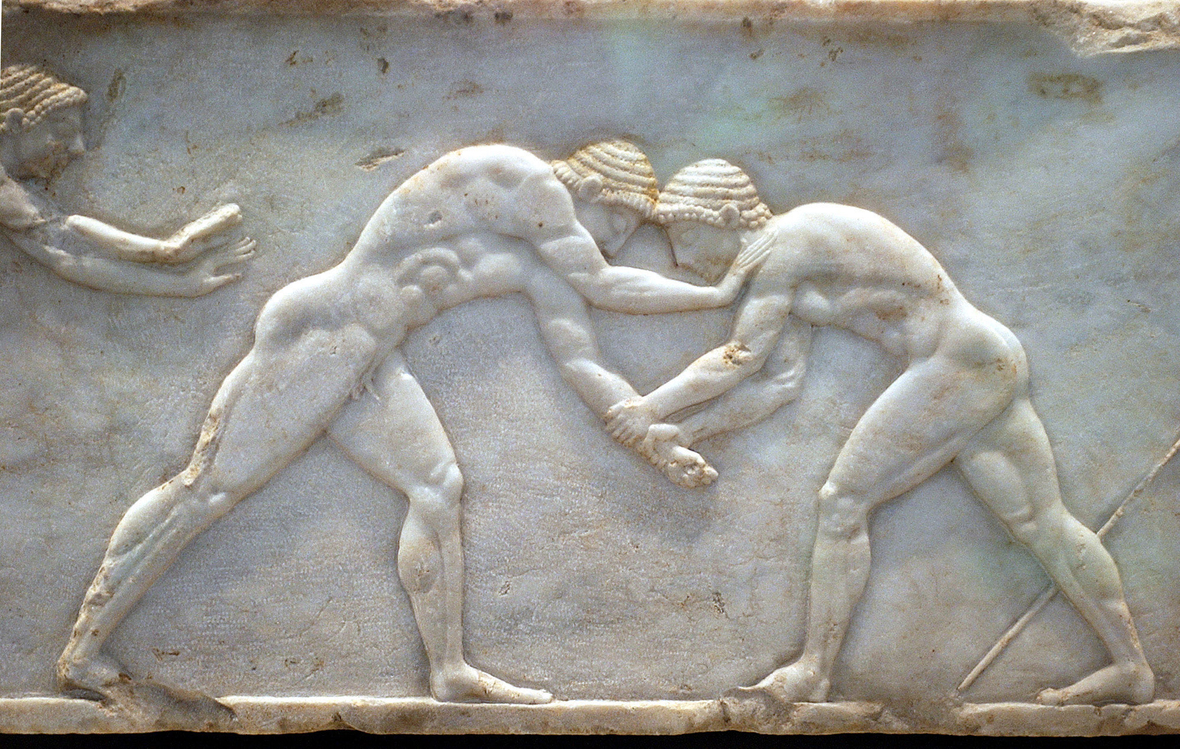 Antike griechische Ringer auf einer Mamorstatue aus dem Jahr 510 vor Christus