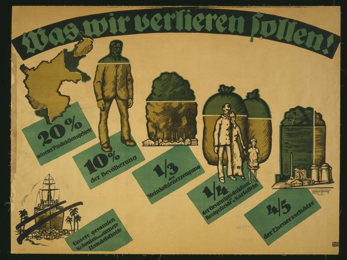 Das Plakat mit der Überschrift "Was wir verlieren sollen" geht auf die im Versailler Vertrag festgelegten Gebietsabtretungen und Reparationen Deutschlands ein. 