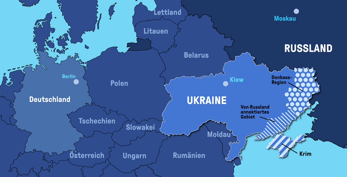 Eine Karte mit der Ukraine und den Nachbarländern.
Die Halbinsel Krim gehört zur Ukraine. Mit Unterstützung der russischen Bevölkerungsmehrheit auf der Krim hat Russland 2014 die Halbinsel militärisch besetzt und zu einem Teil Russlands gemacht. Am 21. Februar 2022 hat Russland die Gebiete Luhansk und Donezk der Donbass-Region als eigenständige Staaten anerkannt. Im September 2022 wurden die südlichen Regionen der Ukraine um Cherson und Saporischschja von Russland völkerrechtswidrig zu russischem Gebiet erklärt. 