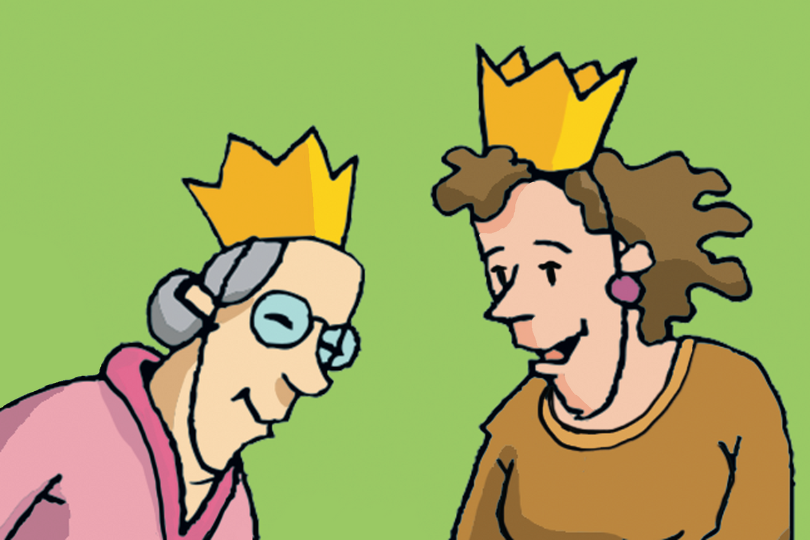 Zwei Personen mit Krone auf dem Kopf. Illustration zu Artikel 1 des Grundgesetzes: Die Würde des Menschen ist unantastbar