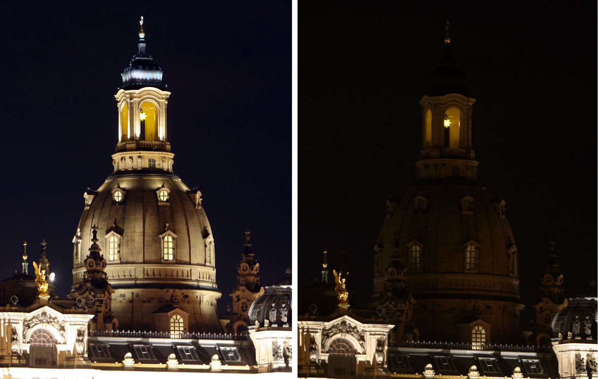 "Licht aus", hieß es auch für die Dresdner Frauenkirche. Die Kombination der Fotos zeigt Kirche, so wie sie nachts gewöhnlich angestrahlt ist (links) und während der Aktion zum Schutz des Klimas (rechts).