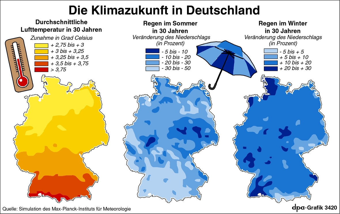 Grafik zeigt, wie das Klima im Jahr 2037 in Deutschland aussehen könnte, wenn wir nichts für das Klima tun. (Stand 2007)