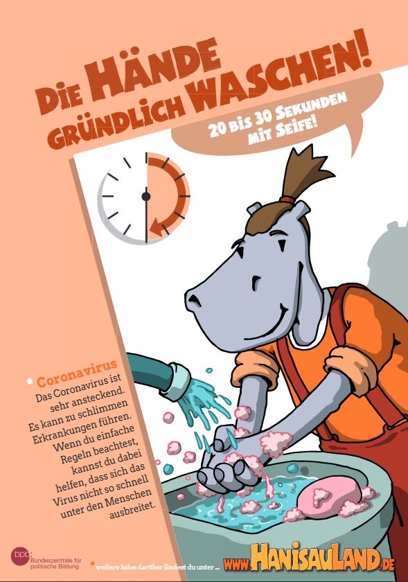 HanisauLand-Plakat mit Regeln zum Coronavirus: Die Hände gründlich waschen