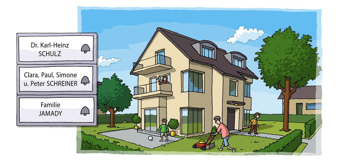 Illustration eines modernen Mehrfamilienhauses und Klingelschilder