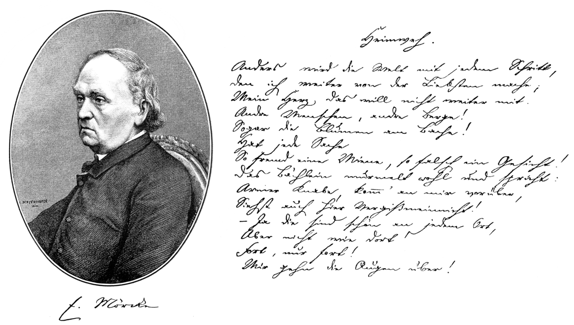 Historisches Porträt des Dichters Eduard Mörike und Druck seiner Handschrift (1828)