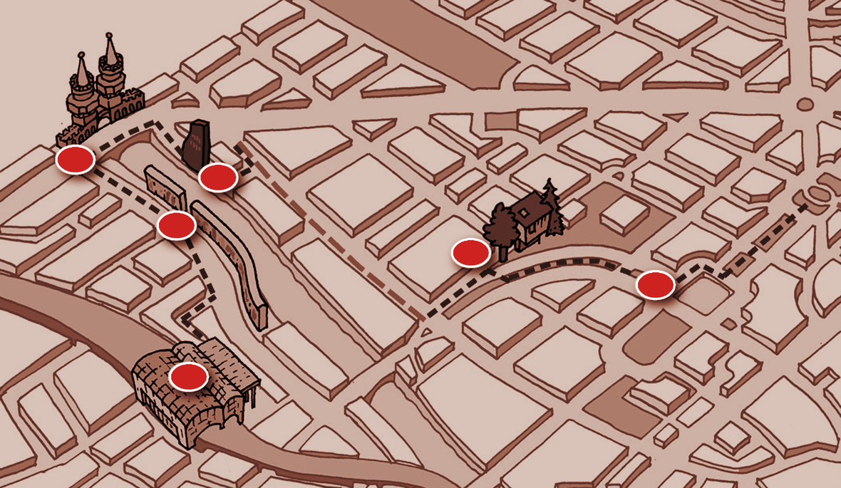 Teaser-Illustration zeigt den Ausschnitt einer Karte für die Berliner Mauer Tour 2: Vom Ostbahnhof bis zum Reichstagsgebäude – Sitz des Deutschen Bundestages