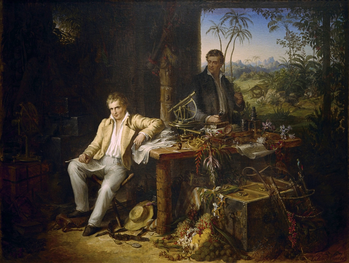 Alexander von Humboldt und sein Begleiter Aimé Bonplan am Orinoco in Venezuela. Das Ölgemälde stammt von Eduard Ender. 